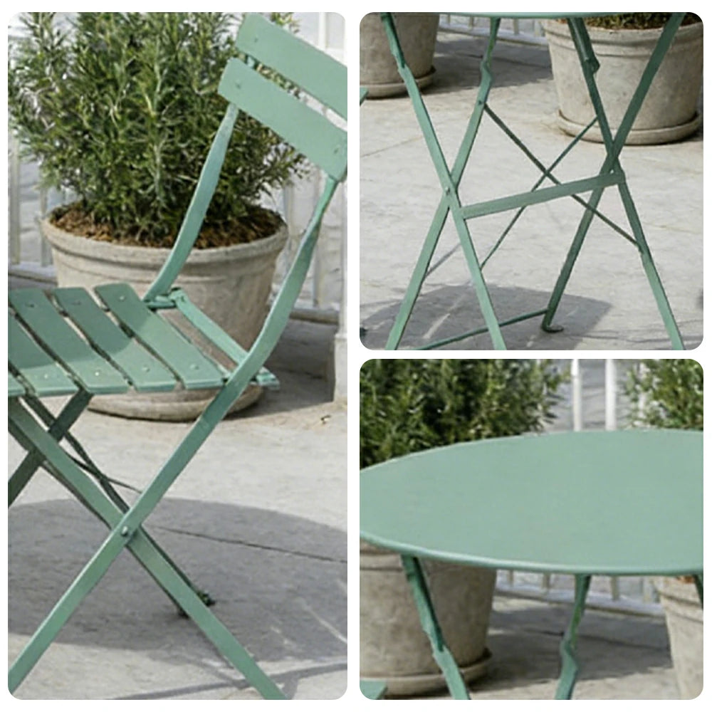 SOLARA Outdoor 1 Table 2 Chairs Bistro Set - Space-Saving Foldable Design, Durable Powder-Coated Iron Frame, Patio Balcony Garden Dining Set - Green