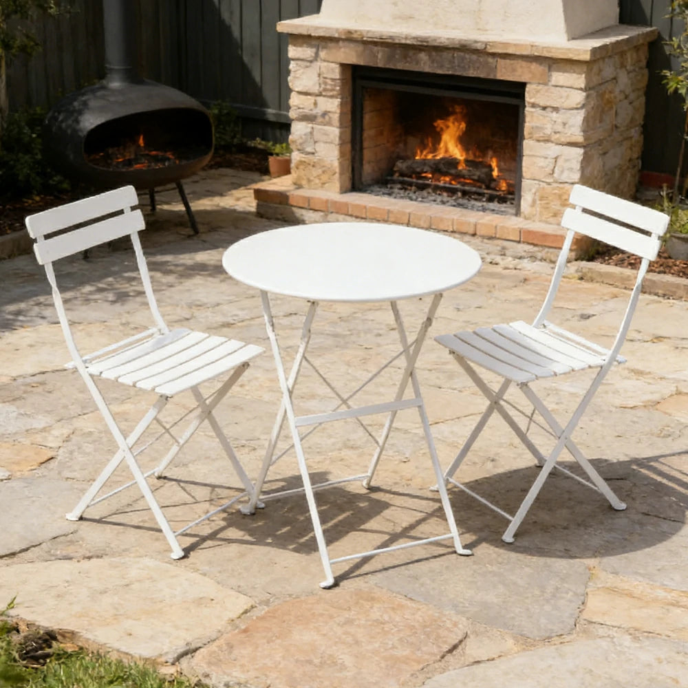 SOLARA Outdoor 1 Table 2 Chairs Bistro Set - Space-Saving Foldable Design, Durable Powder-Coated Iron Frame, Patio Balcony Garden Dining Set - White