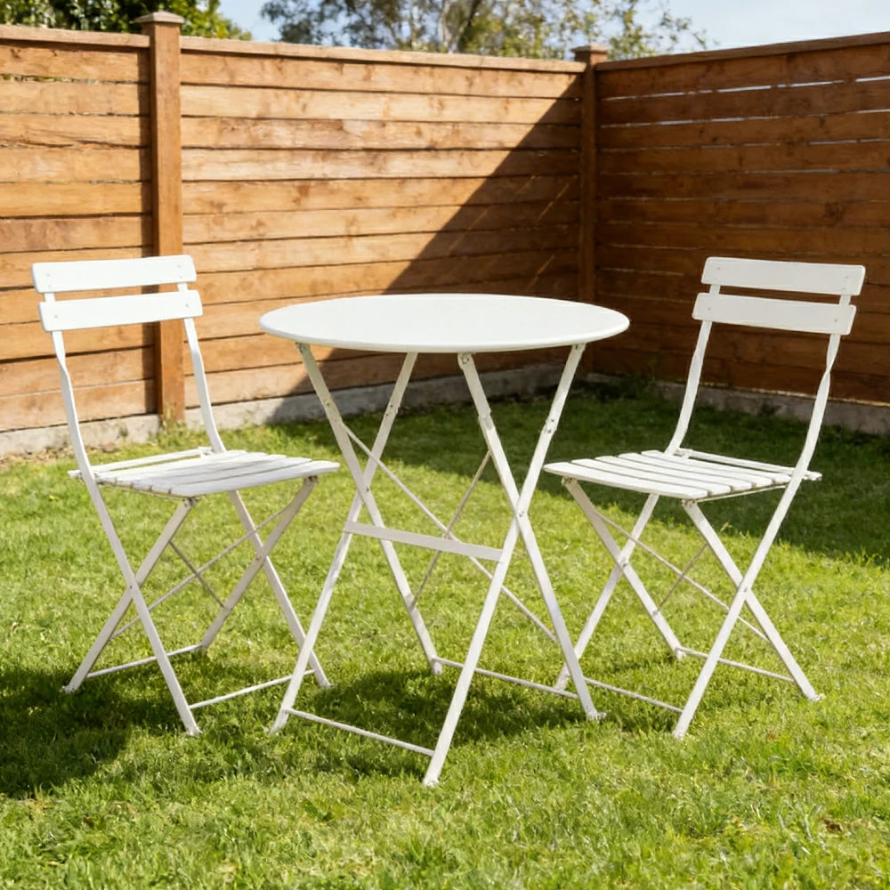 SOLARA Outdoor 1 Table 2 Chairs Bistro Set - Space-Saving Foldable Design, Durable Powder-Coated Iron Frame, Patio Balcony Garden Dining Set - White