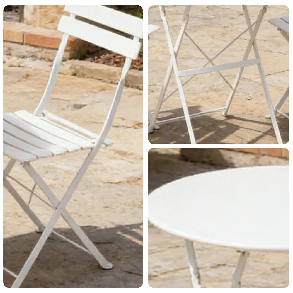 SOLARA Outdoor 1 Table 2 Chairs Bistro Set - Space-Saving Foldable Design, Durable Powder-Coated Iron Frame, Patio Balcony Garden Dining Set - White