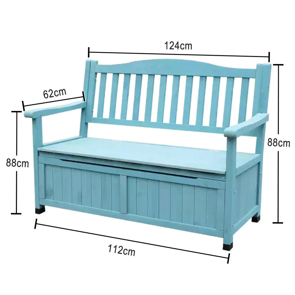 SOLARA Outdoor Storage Bench with Backrest - Durable All-Wood Frame, Waterproof Weather-Resistant Finish, Multi-Functional Seat & Storage Design - Blue