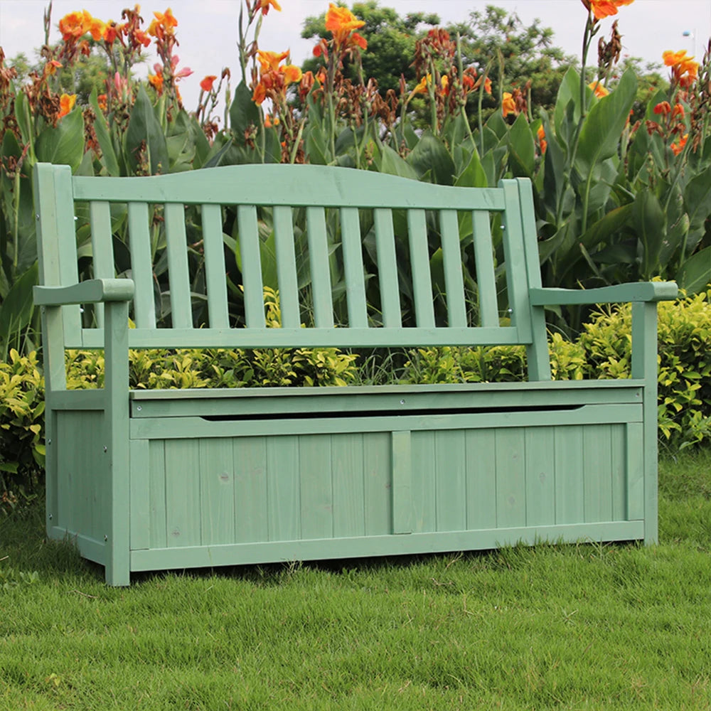 SOLARA Outdoor Storage Bench with Backrest - Durable All-Wood Frame, Waterproof Weather-Resistant Finish, Multi-Functional Seat & Storage Design - Green