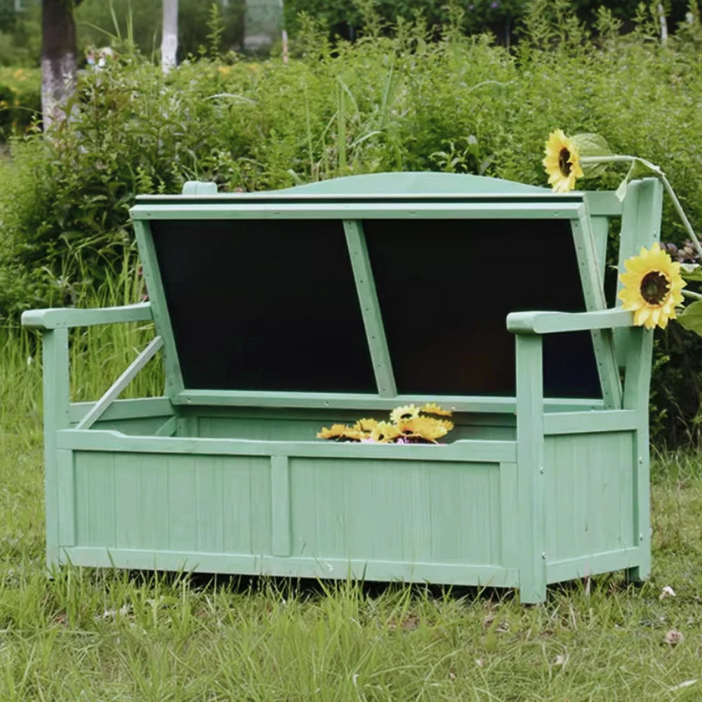 SOLARA Outdoor Storage Bench with Backrest - Durable All-Wood Frame, Waterproof Weather-Resistant Finish, Multi-Functional Seat & Storage Design - Green