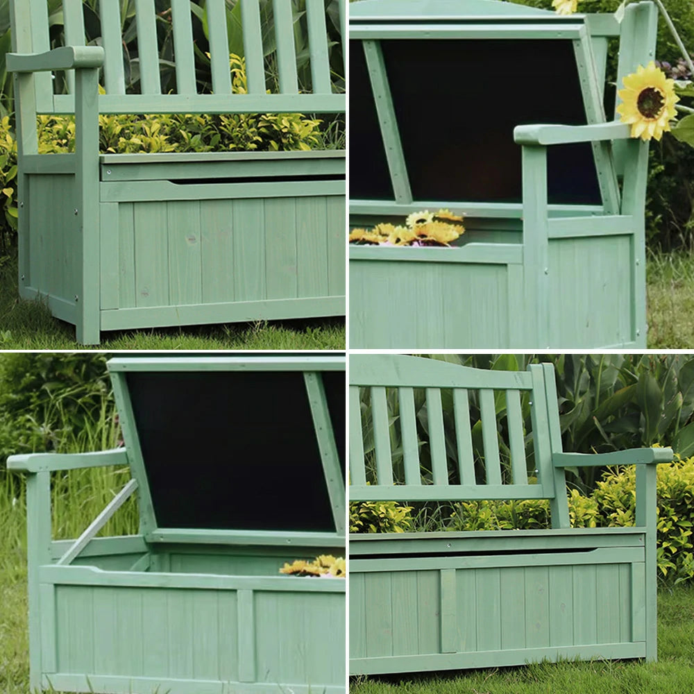 SOLARA Outdoor Storage Bench with Backrest - Durable All-Wood Frame, Waterproof Weather-Resistant Finish, Multi-Functional Seat & Storage Design - Green