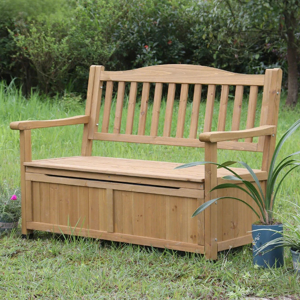 SOLARA Outdoor Storage Bench with Backrest - Durable All-Wood Frame, Waterproof Weather-Resistant Finish, Multi-Functional Seat & Storage Design - Wood