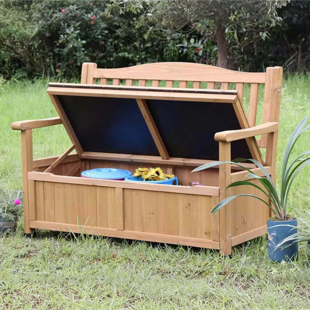 SOLARA Outdoor Storage Bench with Backrest - Durable All-Wood Frame, Waterproof Weather-Resistant Finish, Multi-Functional Seat & Storage Design - Wood