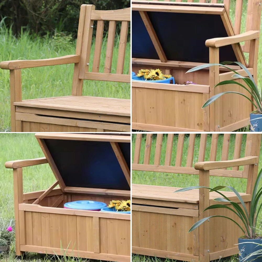 SOLARA Outdoor Storage Bench with Backrest - Durable All-Wood Frame, Waterproof Weather-Resistant Finish, Multi-Functional Seat & Storage Design - Wood