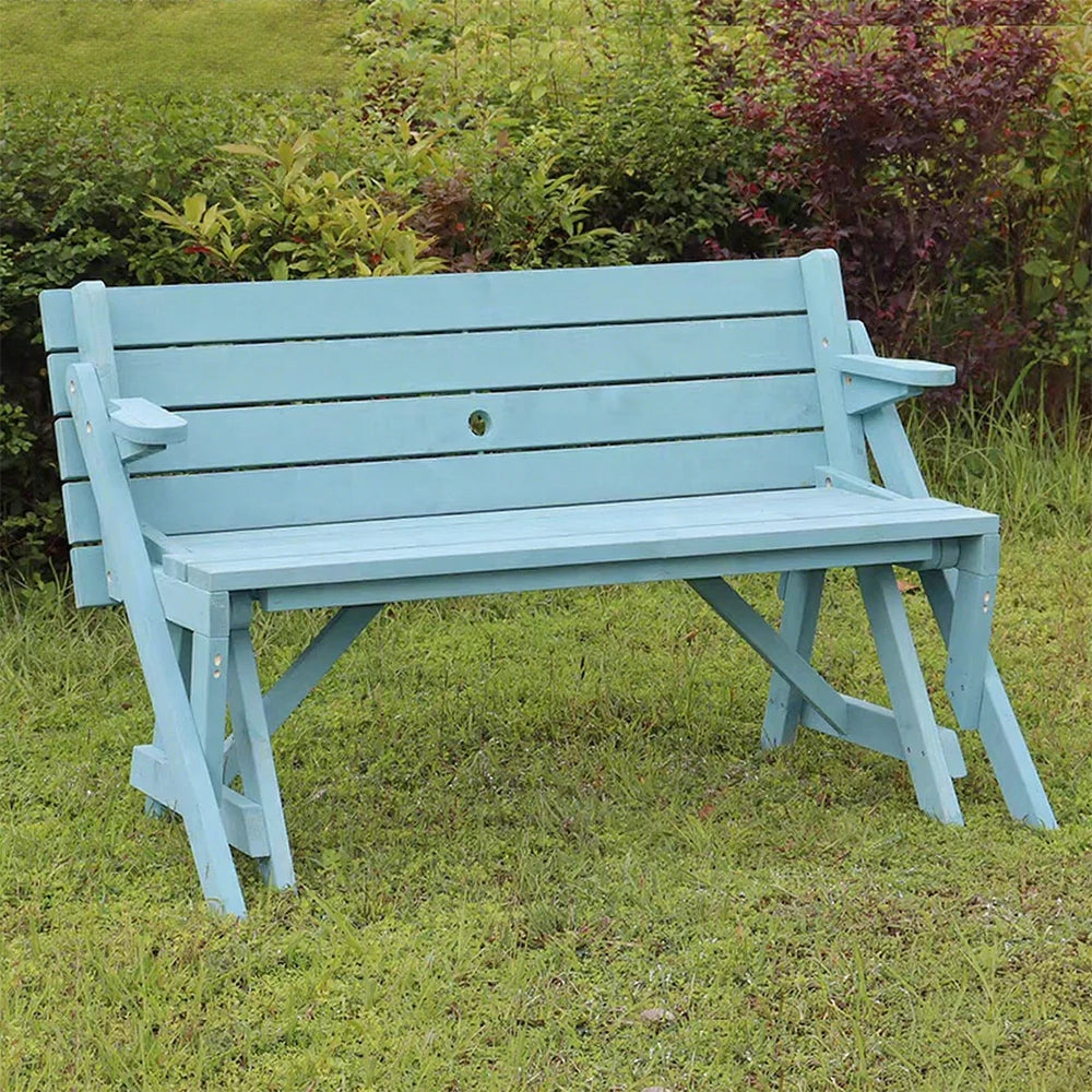 SOLARA Folding Multi-Function Table and Bench - Space-Saving Convertible 2-in-1 Outdoor Dining Set with Durable Wood Frame - Blue