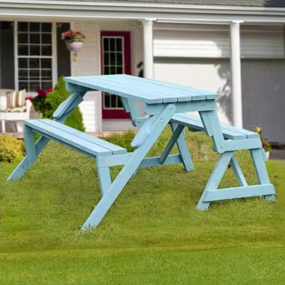 SOLARA Folding Multi-Function Table and Bench - Space-Saving Convertible 2-in-1 Outdoor Dining Set with Durable Wood Frame - Blue