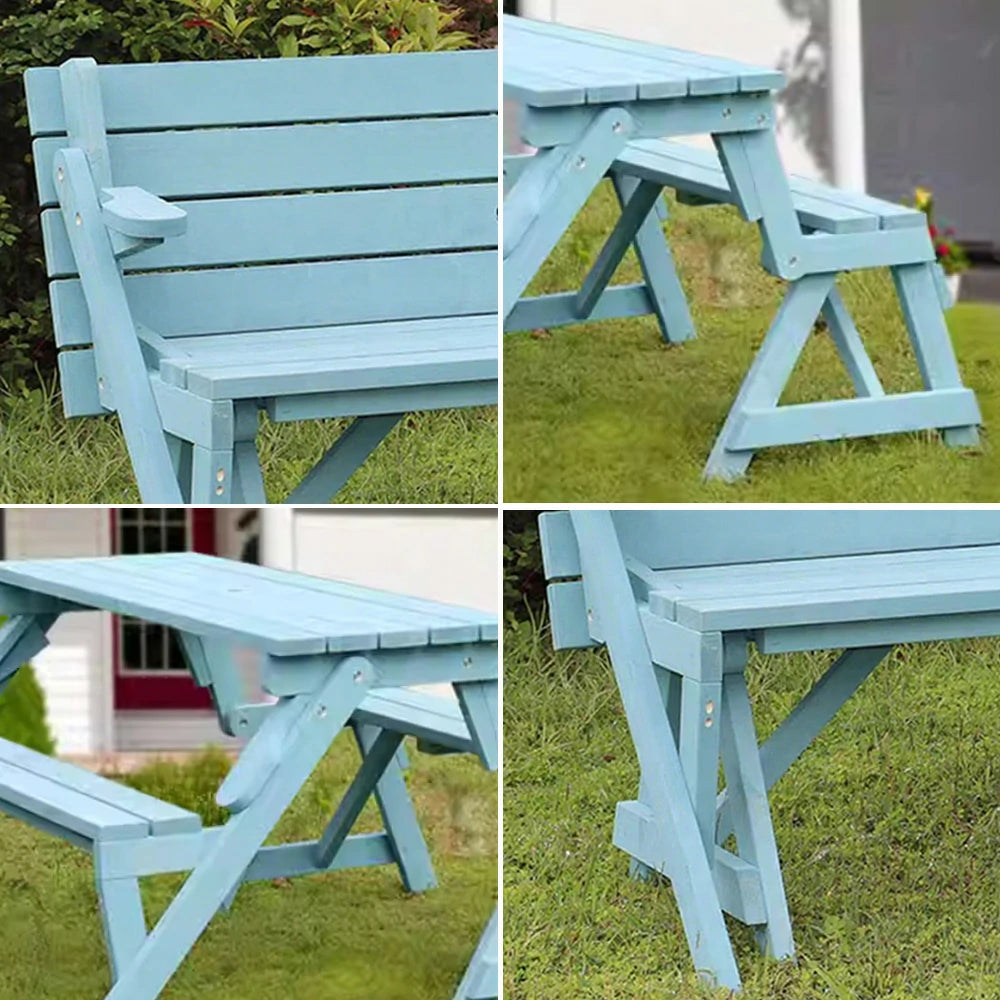SOLARA Folding Multi-Function Table and Bench - Space-Saving Convertible 2-in-1 Outdoor Dining Set with Durable Wood Frame - Blue