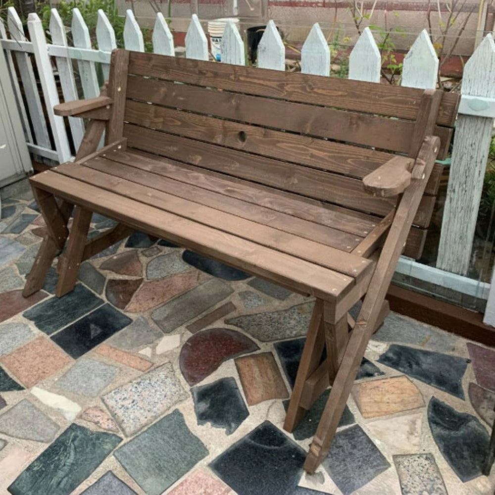 SOLARA Folding Multi-Function Table and Bench - Space-Saving Convertible 2-in-1 Outdoor Dining Set with Durable Wood Frame - Brown