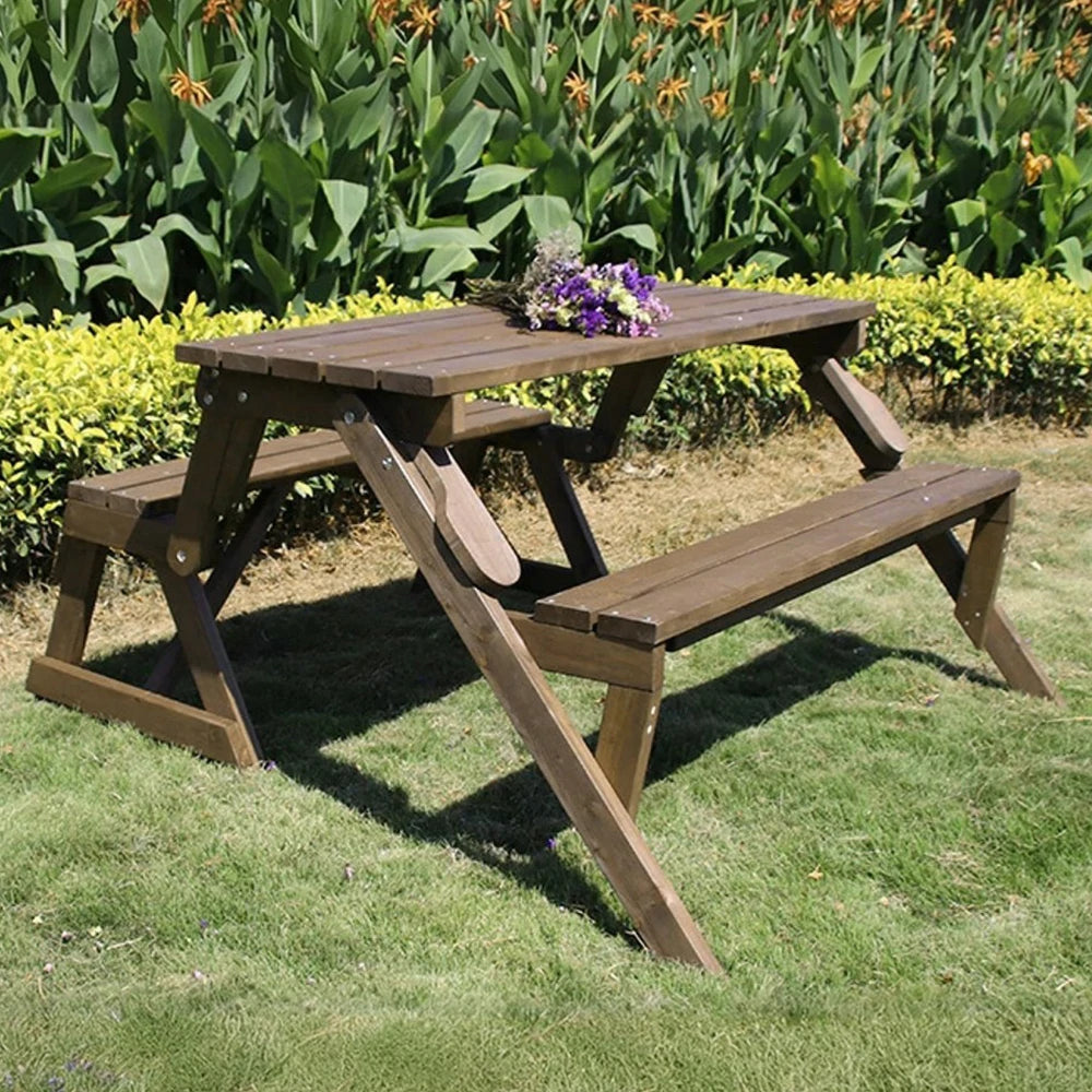 SOLARA Folding Multi-Function Table and Bench - Space-Saving Convertible 2-in-1 Outdoor Dining Set with Durable Wood Frame - Brown