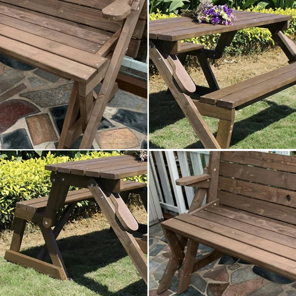 SOLARA Folding Multi-Function Table and Bench - Space-Saving Convertible 2-in-1 Outdoor Dining Set with Durable Wood Frame - Brown