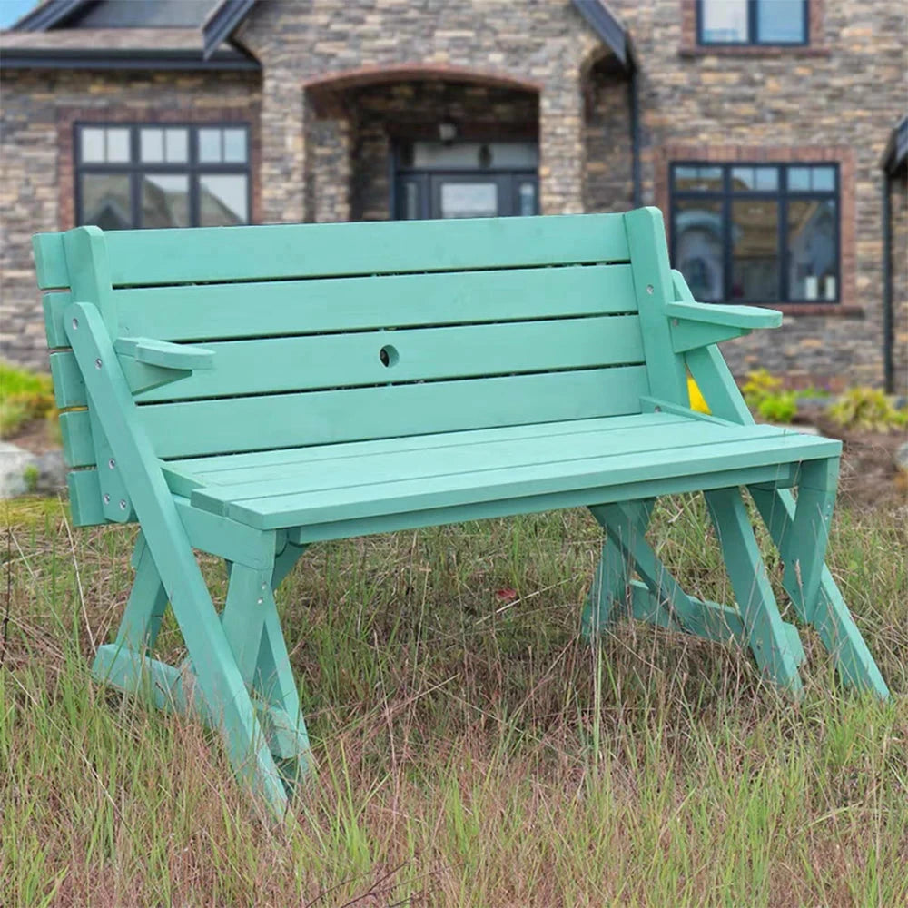 SOLARA Folding Multi-Function Table and Bench - Space-Saving Convertible 2-in-1 Outdoor Dining Set with Durable Wood Frame - Green