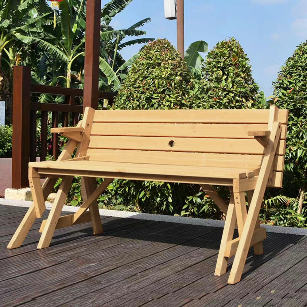 SOLARA Folding Multi-Function Table and Bench - Space-Saving Convertible 2-in-1 Outdoor Dining Set with Durable Wood Frame - Wood