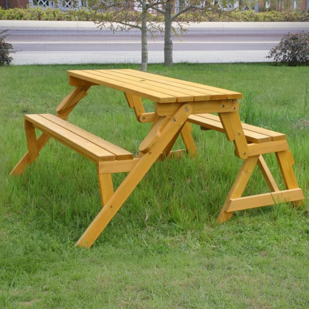 SOLARA Folding Multi-Function Table and Bench - Space-Saving Convertible 2-in-1 Outdoor Dining Set with Durable Wood Frame - Wood