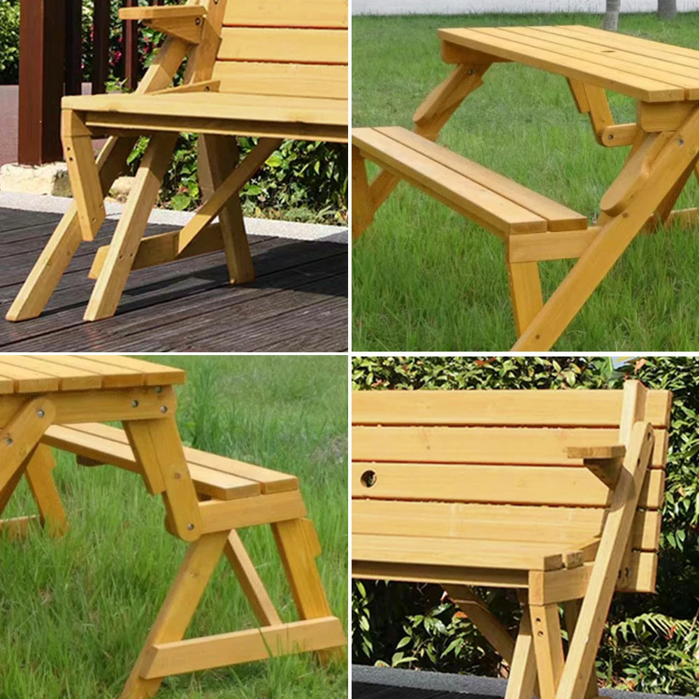 SOLARA Folding Multi-Function Table and Bench - Space-Saving Convertible 2-in-1 Outdoor Dining Set with Durable Wood Frame - Wood