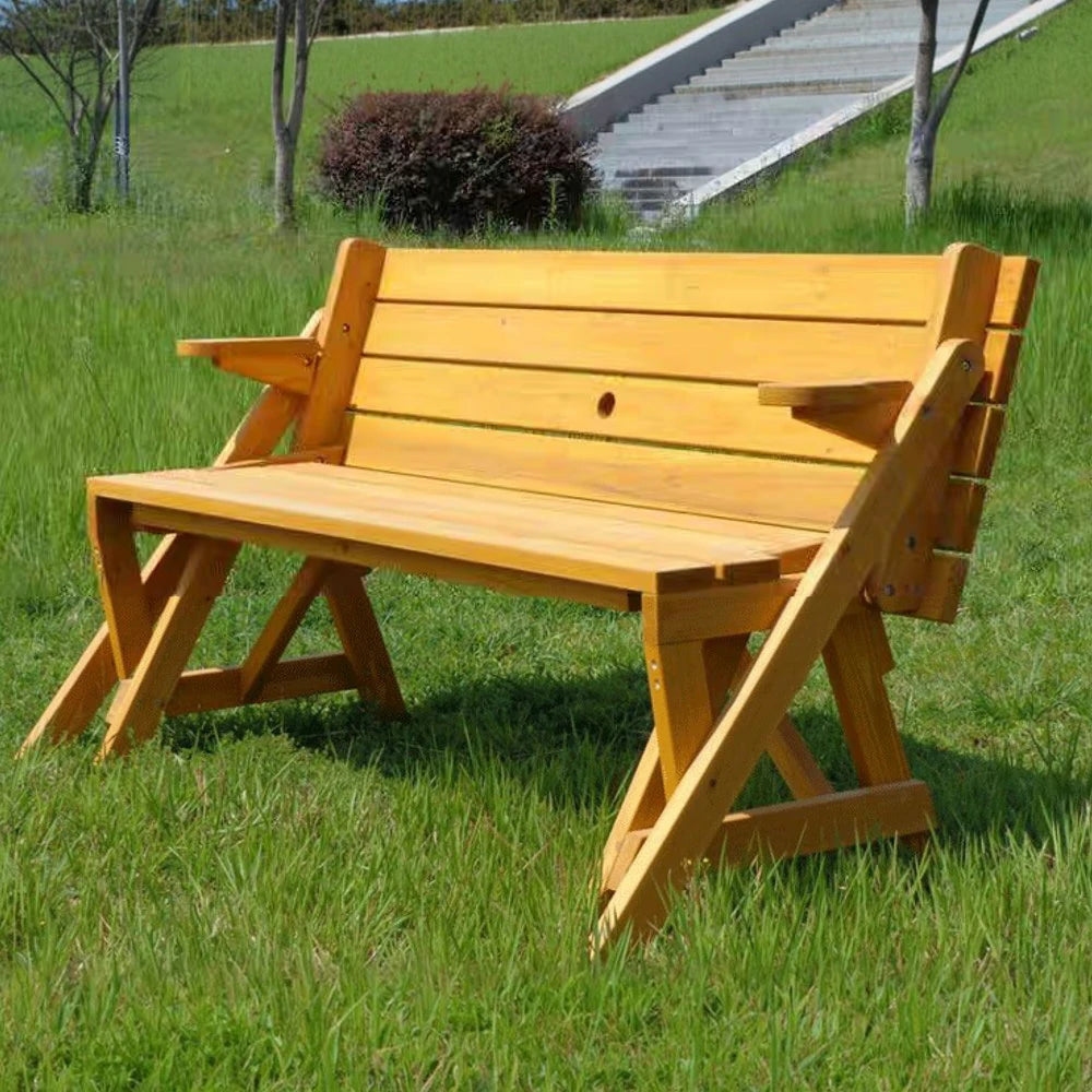 SOLARA Folding Multi-Function Table and Bench - Space-Saving Convertible 2-in-1 Outdoor Dining Set with Durable Wood Frame - Yellow