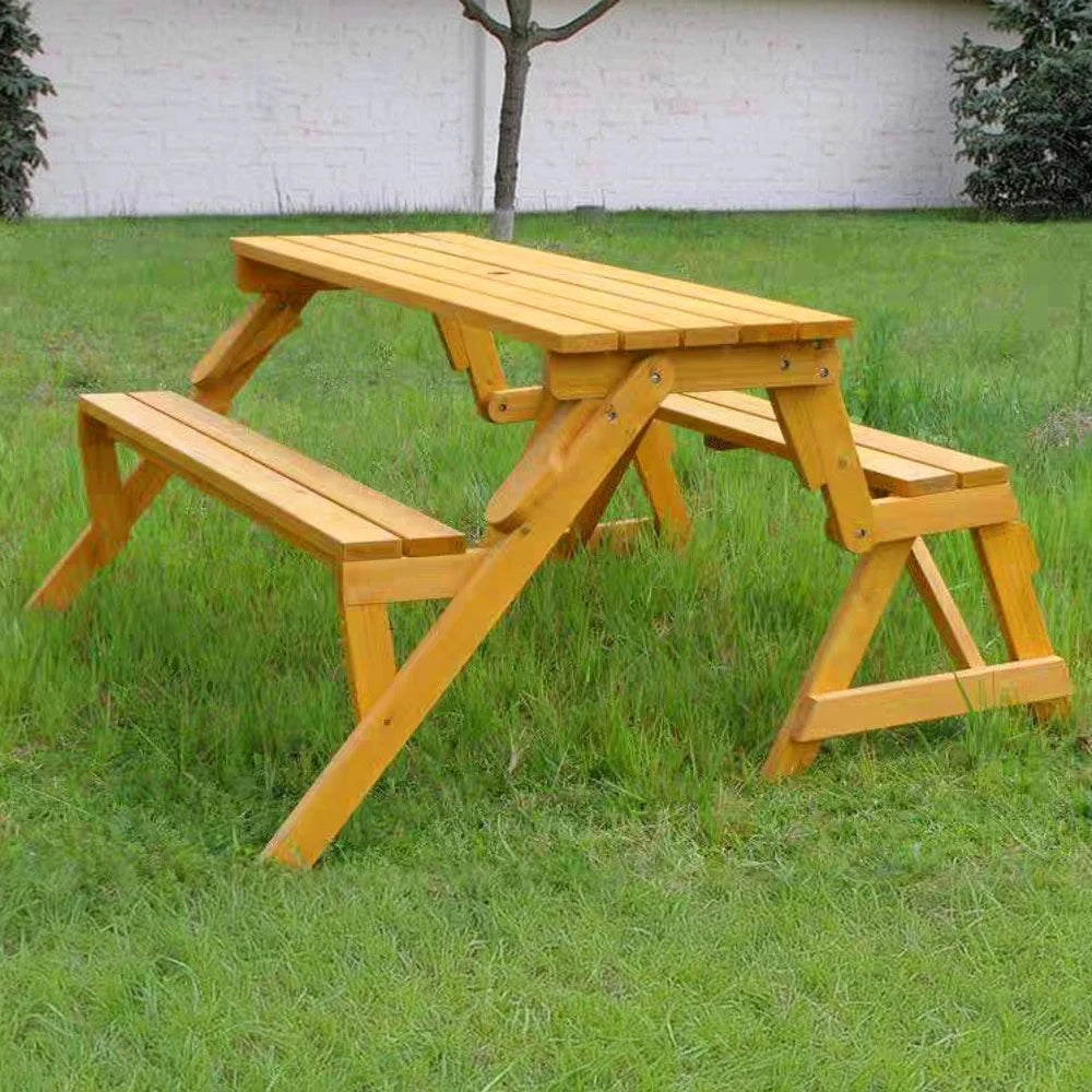 SOLARA Folding Multi-Function Table and Bench - Space-Saving Convertible 2-in-1 Outdoor Dining Set with Durable Wood Frame - Yellow