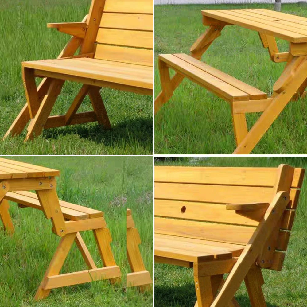 SOLARA Folding Multi-Function Table and Bench - Space-Saving Convertible 2-in-1 Outdoor Dining Set with Durable Wood Frame - Yellow