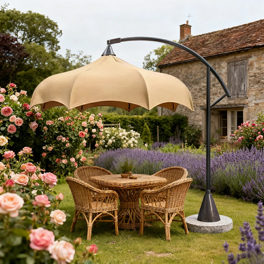 SOLARA Outdoor Cantilever Umbrella - 300cm Round Arc Canopy with French Scalloped Edge, Stainless Steel Frame, Heavy Marble Base, UV Sunshade & Patio Garden Use - Khaki