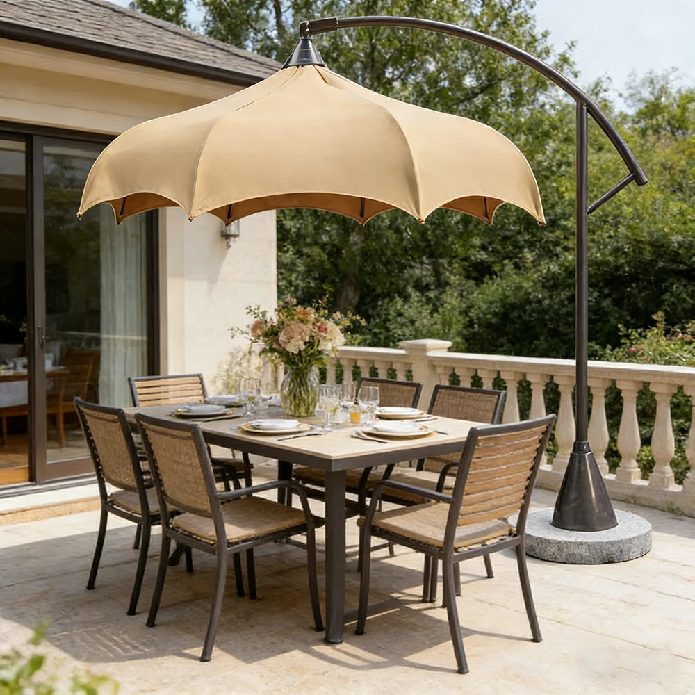 SOLARA Outdoor Cantilever Umbrella - 300cm Round Arc Canopy with French Scalloped Edge, Stainless Steel Frame, Heavy Marble Base, UV Sunshade & Patio Garden Use - Khaki