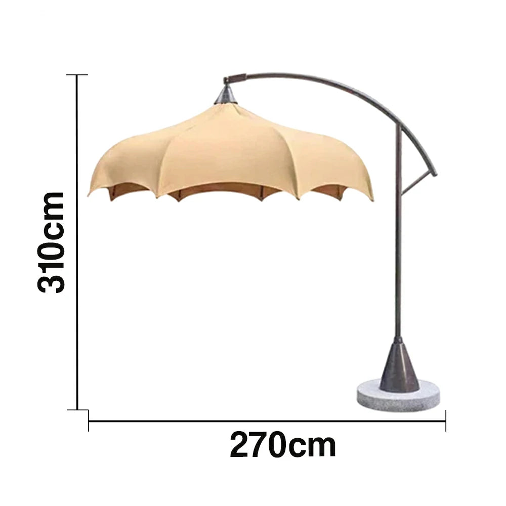 SOLARA Outdoor Cantilever Umbrella - 300cm Round Arc Canopy with French Scalloped Edge, Stainless Steel Frame, Heavy Marble Base, UV Sunshade & Patio Garden Use - Khaki