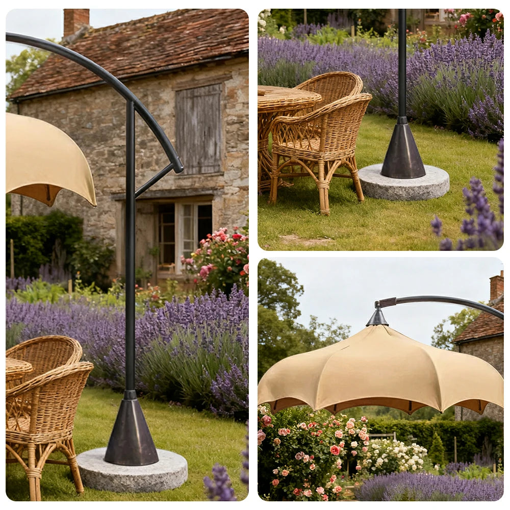 SOLARA Outdoor Cantilever Umbrella - 300cm Round Arc Canopy with French Scalloped Edge, Stainless Steel Frame, Heavy Marble Base, UV Sunshade & Patio Garden Use - Khaki