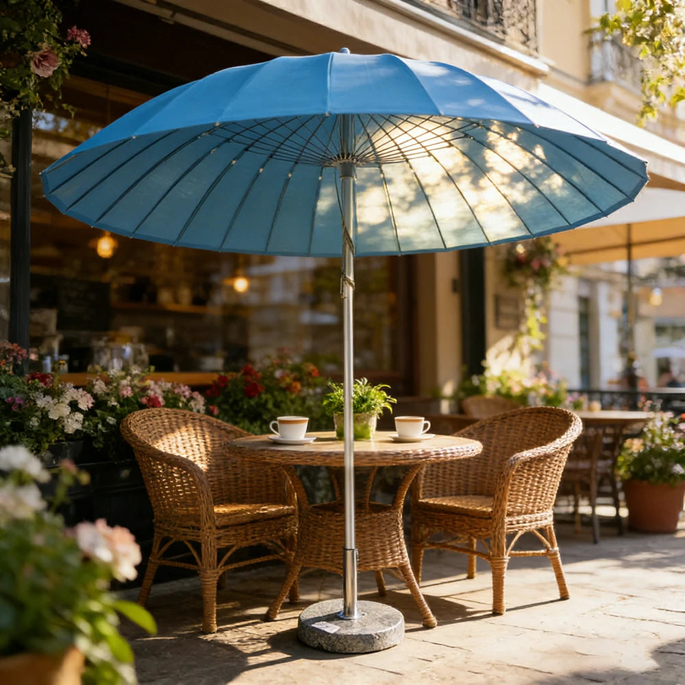 SOLARA Outdoor Central Pole Umbrella - 2.5m Round Canopy with Fade-Resistant Fabric, Strong Wind Stability, Sunshade & Rain Protection, 40kg Marble Base Included - Blue
