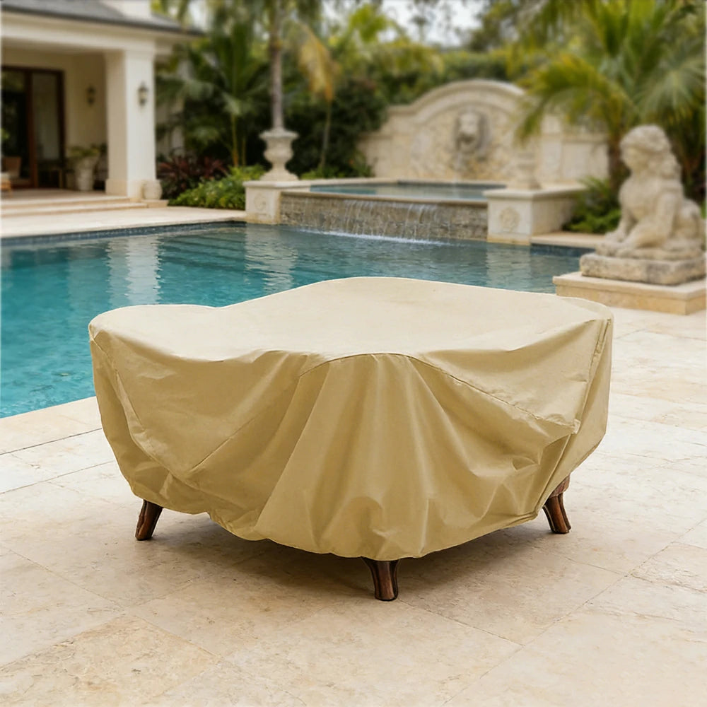 SOLARA Outdoor Table & Chair Rain Cover - 120/160/200cm Waterproof Oxford Fabric with Protective Rubber Backing, All-Weather Outdoor Protection - Khaki