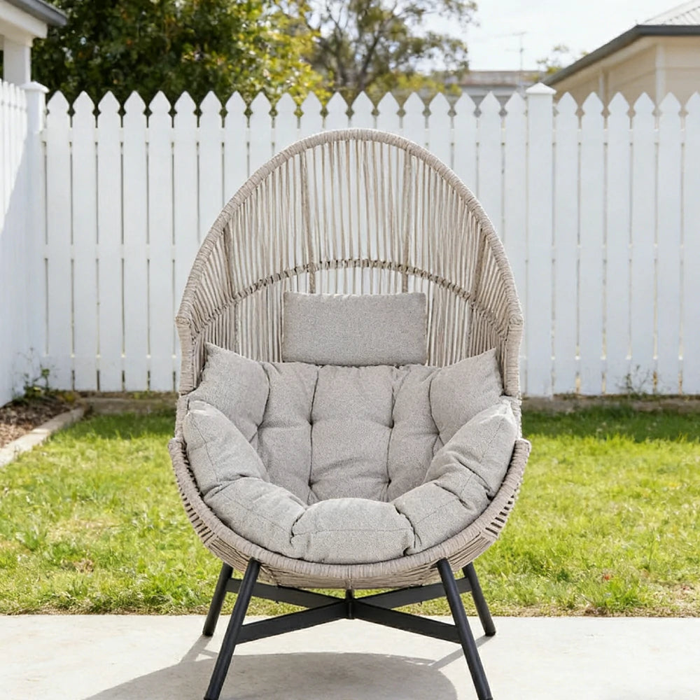 SOLARA Outdoor Rattan Lounge Chair - Wraparound Thick Cushion with Headrest, 142cm Relaxing Recliner for Patio Garden Balcony - Ivory White