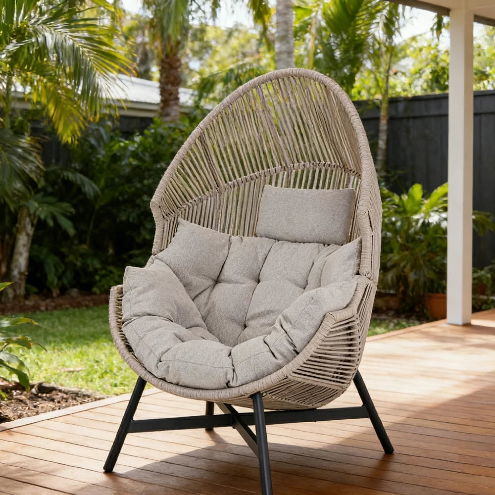 SOLARA Outdoor Rattan Lounge Chair - Wraparound Thick Cushion with Headrest, 142cm Relaxing Recliner for Patio Garden Balcony - Ivory White