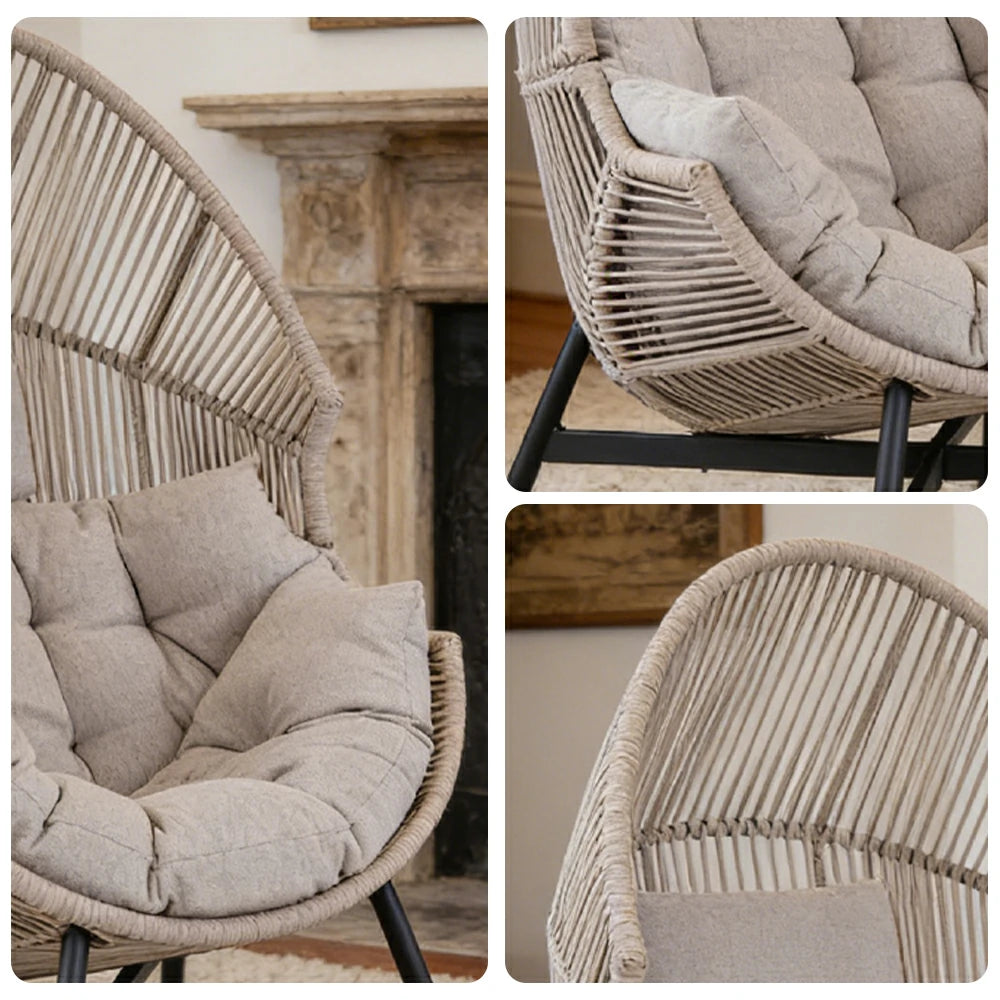 SOLARA Outdoor Rattan Lounge Chair - Wraparound Thick Cushion with Headrest, 142cm Relaxing Recliner for Patio Garden Balcony - Ivory White