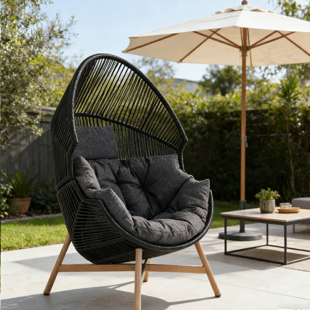 SOLARA Outdoor Rattan Lounge Chair - Wraparound Thick Cushion with Headrest, 142cm Relaxing Recliner for Patio Garden Balcony - Black