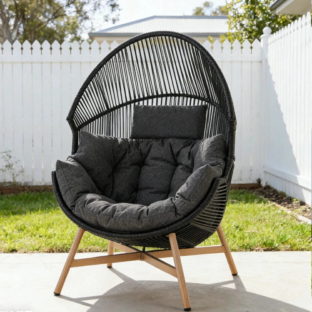 SOLARA Outdoor Rattan Lounge Chair - Wraparound Thick Cushion with Headrest, 142cm Relaxing Recliner for Patio Garden Balcony - Black