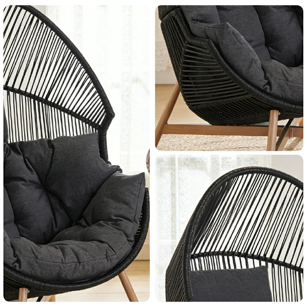 SOLARA Outdoor Rattan Lounge Chair - Wraparound Thick Cushion with Headrest, 142cm Relaxing Recliner for Patio Garden Balcony - Black