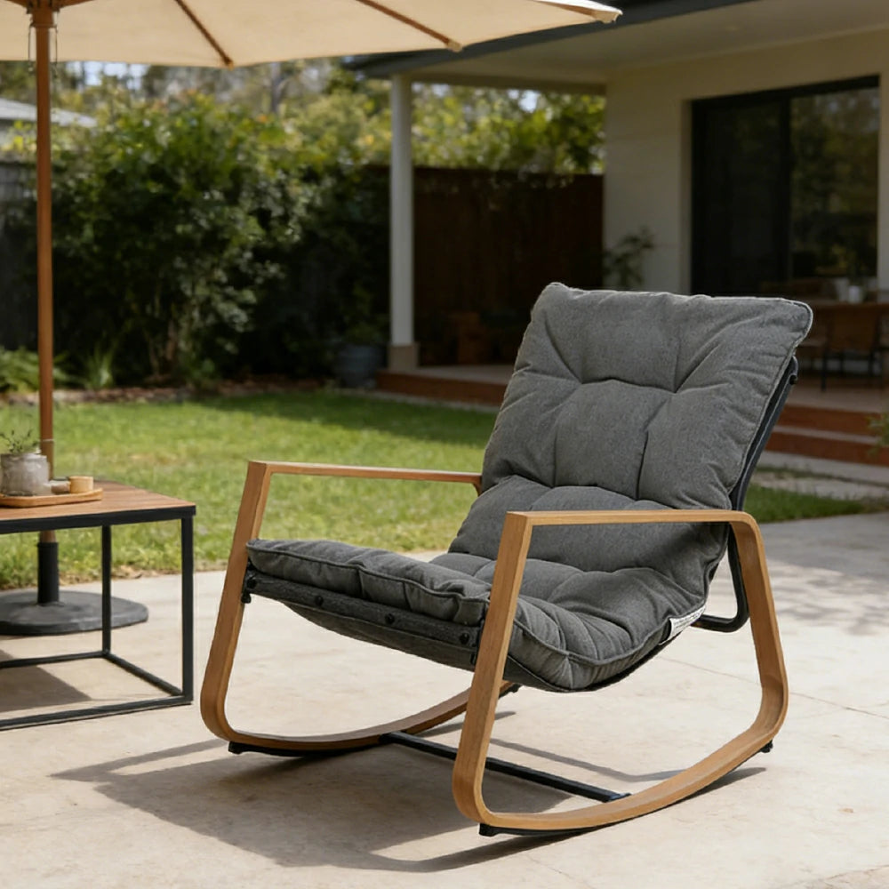 SOLARA Comfort Rocking Chair - Plush Tufted Cushion Wood-Grain Rocker Frame Relax Chair for Living Room Balcony - Grey