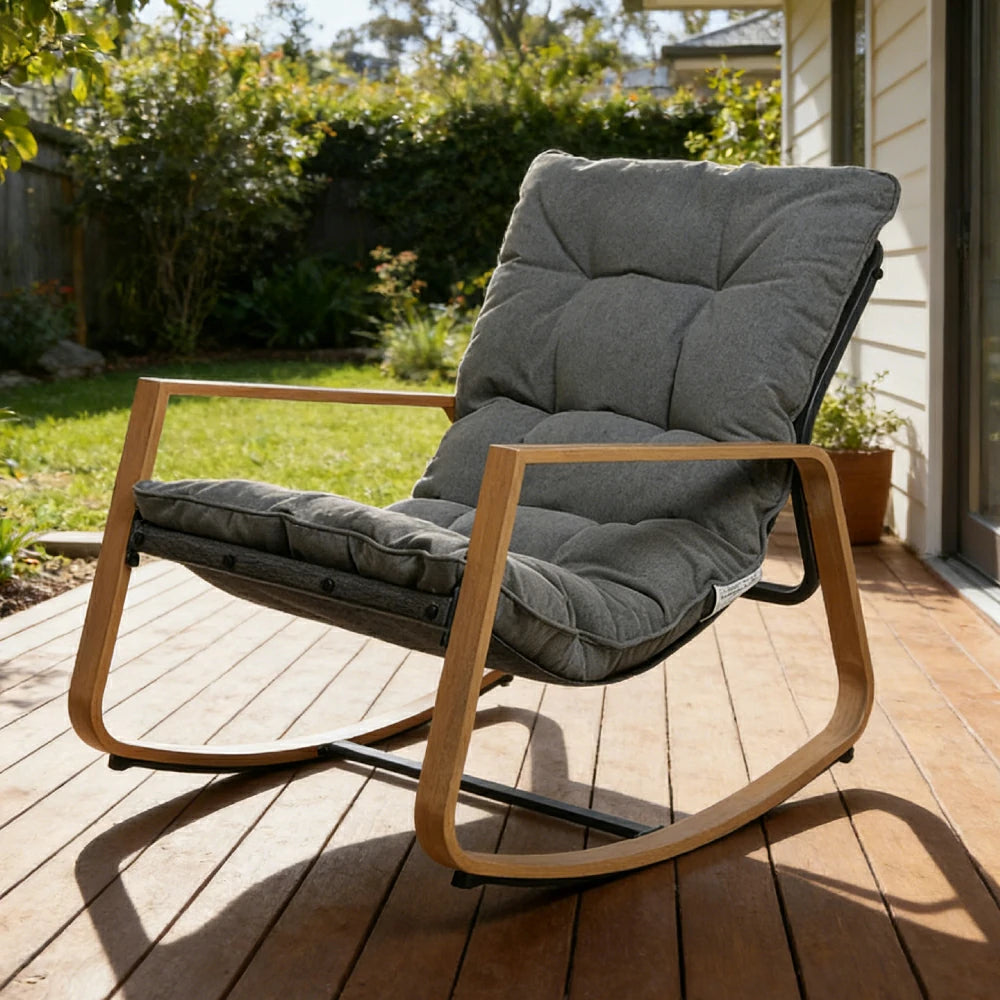 SOLARA Comfort Rocking Chair - Plush Tufted Cushion Wood-Grain Rocker Frame Relax Chair for Living Room Balcony - Grey