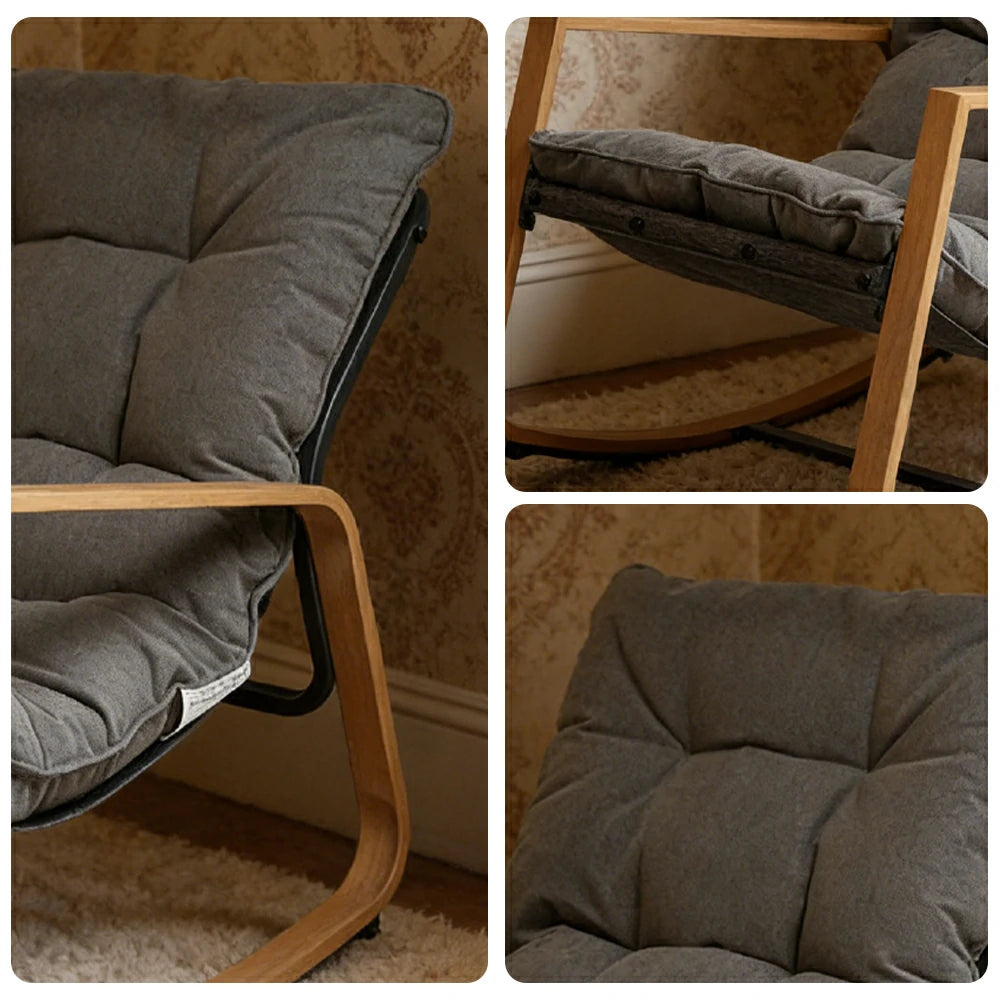 SOLARA Comfort Rocking Chair - Plush Tufted Cushion Wood-Grain Rocker Frame Relax Chair for Living Room Balcony - Grey