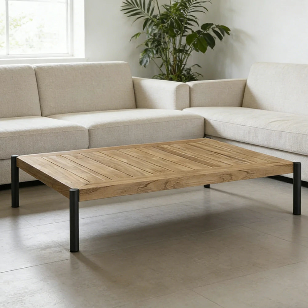 SOLARA Outdoor Rectangular Coffee Table - Solid Teak Wood Top, Aluminium Legs, 23/35cm Height Options, Modern Patio Design - Natural