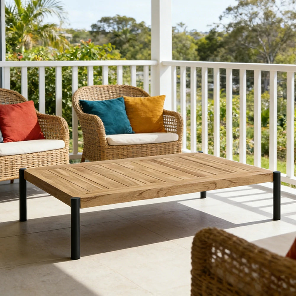 SOLARA Outdoor Rectangular Coffee Table - Solid Teak Wood Top, Aluminium Legs, 23/35cm Height Options, Modern Patio Design - Natural