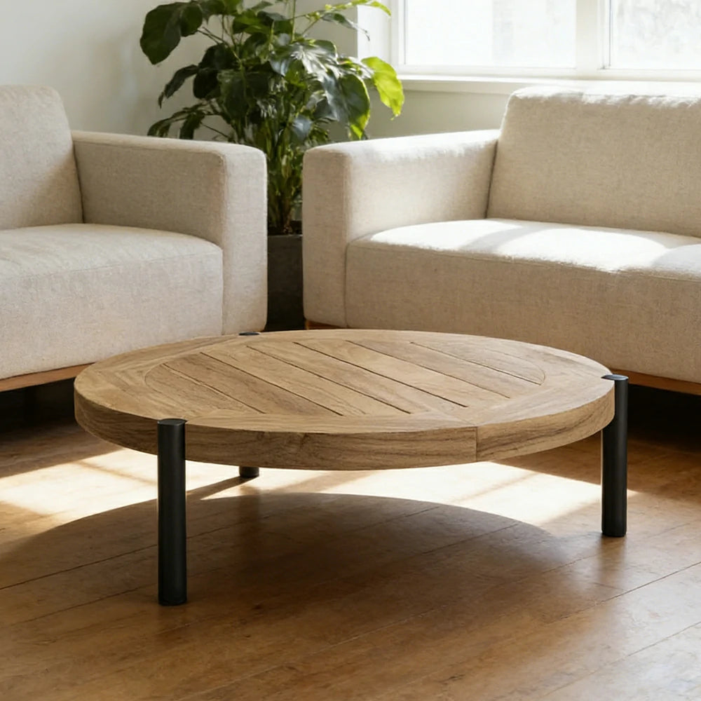 SOLARA Outdoor Round Coffee Table - Solid Teak Wood Top, Aluminium Legs, 23/35cm Height Options, Modern Patio Design - Natural
