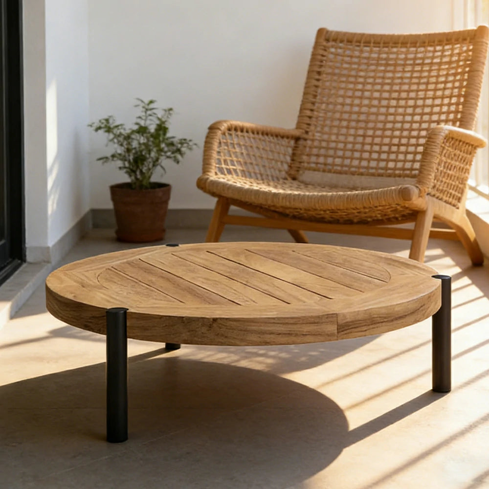 SOLARA Outdoor Round Coffee Table - Solid Teak Wood Top, Aluminium Legs, 23/35cm Height Options, Modern Patio Design - Natural