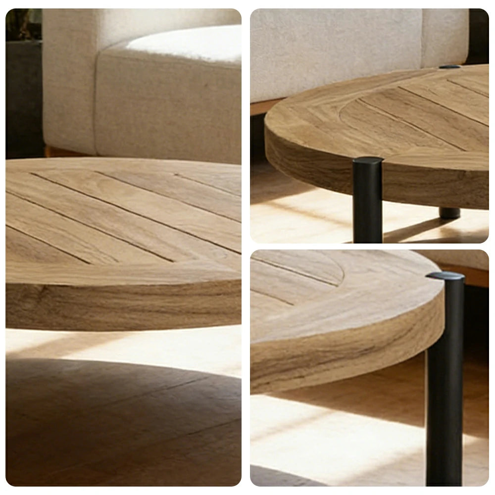 SOLARA Outdoor Round Coffee Table - Solid Teak Wood Top, Aluminium Legs, 23/35cm Height Options, Modern Patio Design - Natural