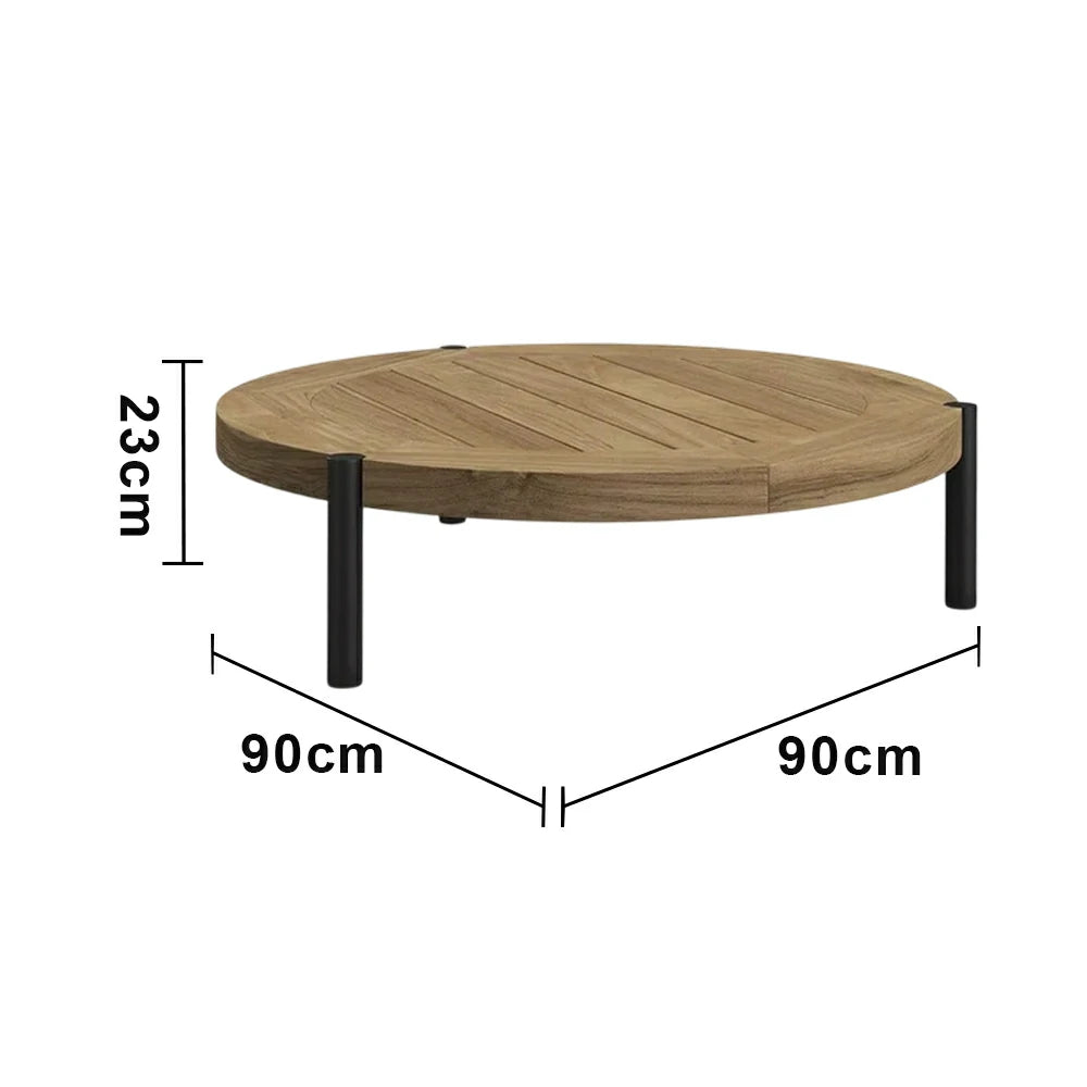 SOLARA Outdoor Round Coffee Table - Solid Teak Wood Top, Aluminium Legs, 23/35cm Height Options, Modern Patio Design - Natural