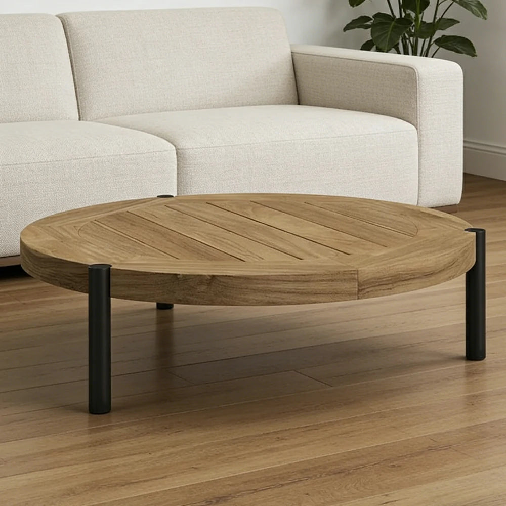 SOLARA Outdoor Round Coffee Table - Solid Teak Wood Top, Aluminium Legs, 23/35cm Height Options, Modern Patio Design - Natural