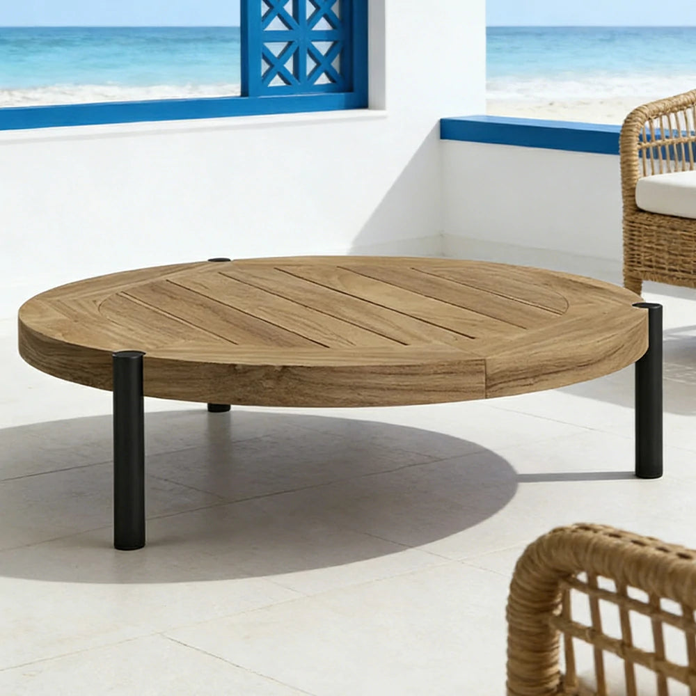 SOLARA Outdoor Round Coffee Table - Solid Teak Wood Top, Aluminium Legs, 23/35cm Height Options, Modern Patio Design - Natural