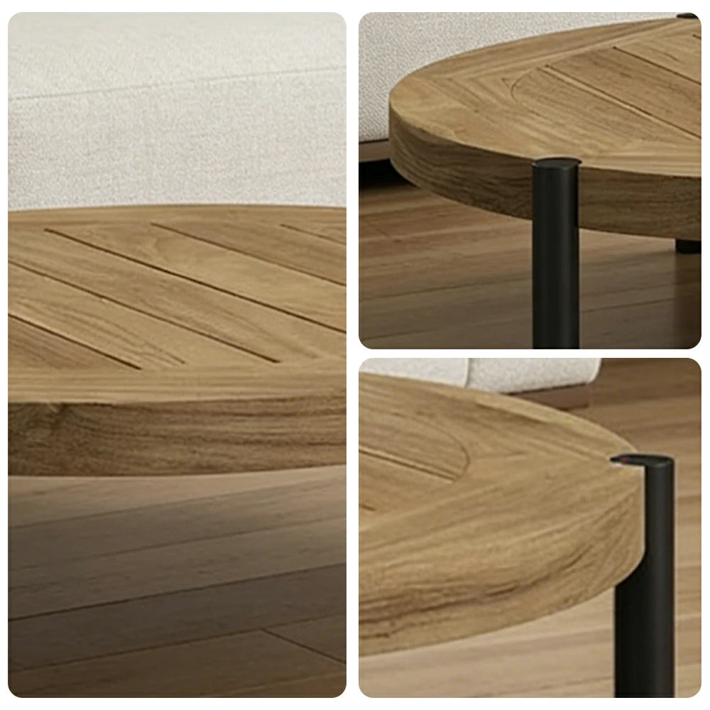 SOLARA Outdoor Round Coffee Table - Solid Teak Wood Top, Aluminium Legs, 23/35cm Height Options, Modern Patio Design - Natural
