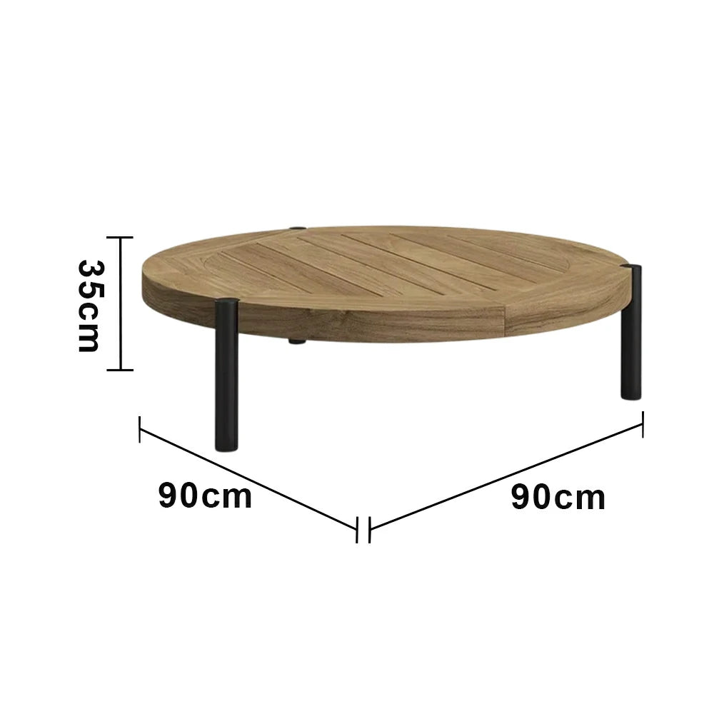 SOLARA Outdoor Round Coffee Table - Solid Teak Wood Top, Aluminium Legs, 23/35cm Height Options, Modern Patio Design - Natural