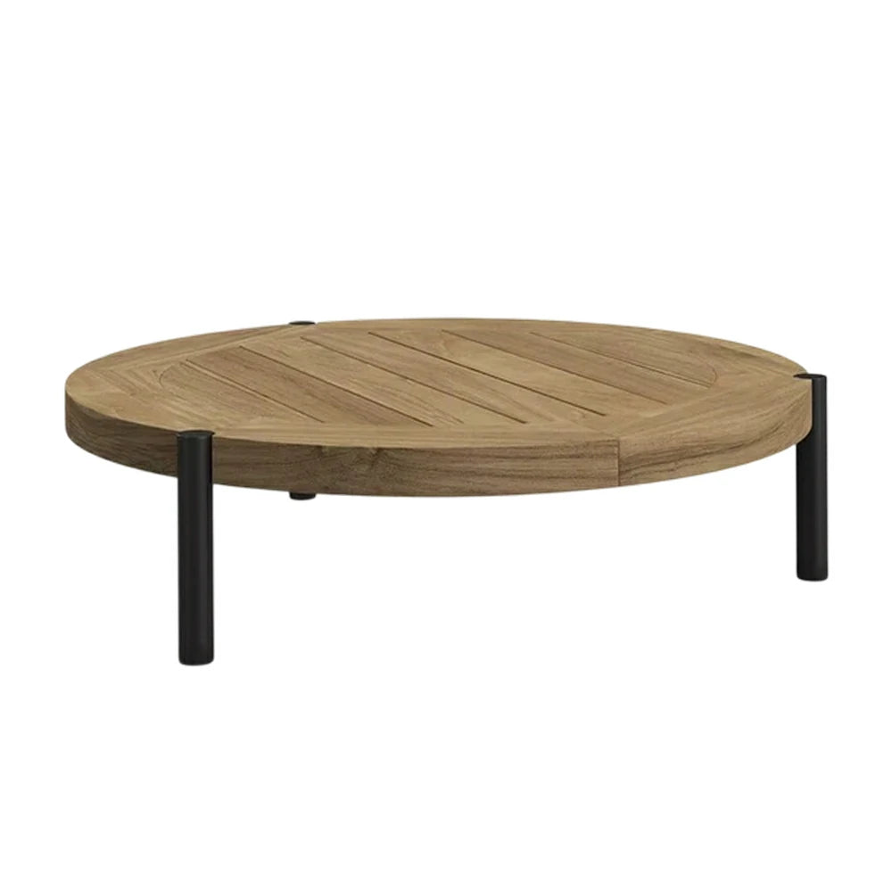 SOLARA Outdoor Round Coffee Table - Solid Teak Wood Top, Aluminium Legs, 23/35cm Height Options, Modern Patio Design - Natural
